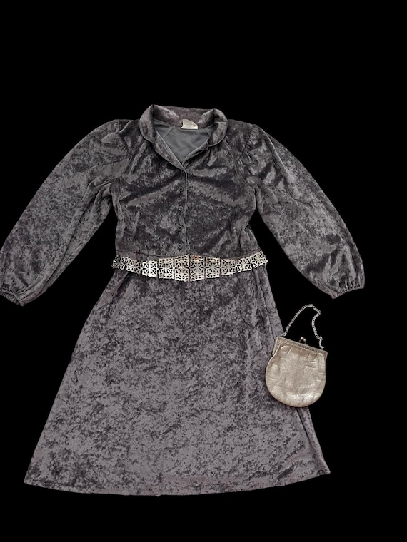 silver crushed velvet dress 1990s Janine of London Lillie Rubin Silver Grey Metallic Crushed Velvet Dress For Sale at 1stDibs
