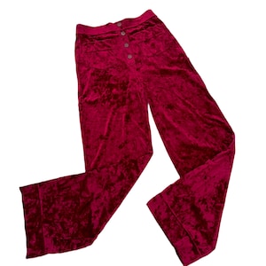 May include: A pair of wide-leg, burgundy velvet pants. The pants have a high waist, two front pockets, and a button closure. The fabric has a crushed velvet texture.