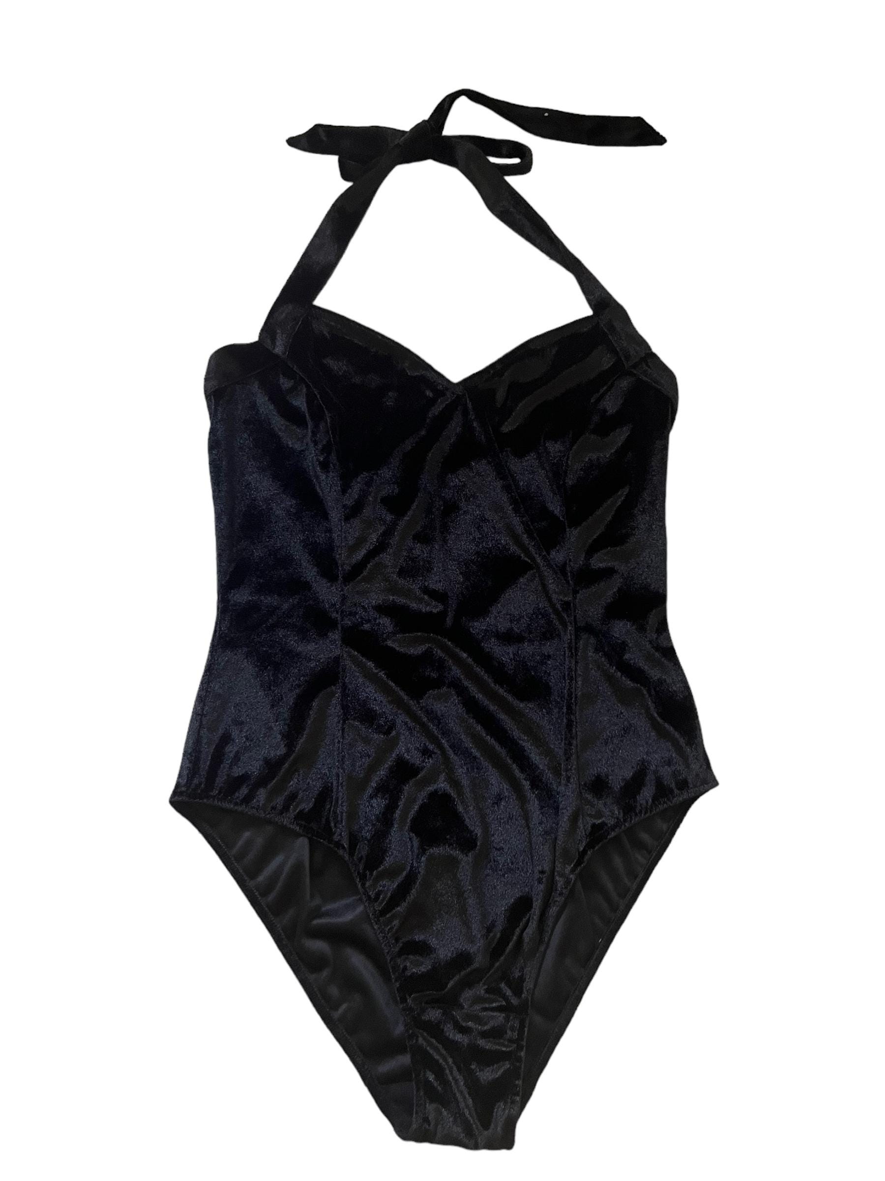Vintage 1970s Black Velvet Halter Bodysuit: Glamour Leotard (Size 10 12)Autumn Winter Party