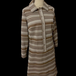 Vintage Womens St Michaels 1960s 1970s Brown Striped Collared Longsleeved Mod Shift Dress Size 14 Retro Polo Dress Mid Century