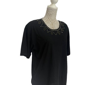 Vintage Womens Blouse,Whimsigoth,Black Tshirt,Gold T-shirt,70s,80s,Size UK 14,Retro,Embroidered,Retro,Gold Beads