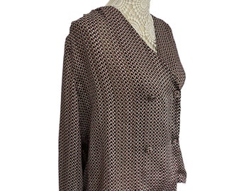 Vintage 70s Chiffon Blouse: Geometric Red Zig Zag Pattern,Autumn Winter