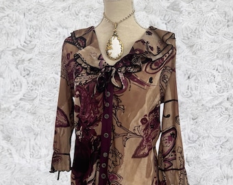 Vintage Floral Mesh Blouse, Ruffle Bell Sleeves, Whimsigoth Coquette Top (Size 12/14)