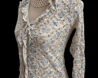 Vintage Floral Mesh Blouse, Ruffle Tie Top, Fairycore Coquette Size 10-12