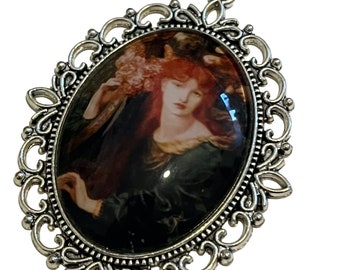 Vintage Style Psychedelic Cameo Style Glass Metal Pendant Red Haired Woman Pre Raphaelite Necklace Renaissance