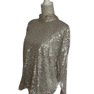 Vintage Womens Blouse, Size 12 14 ,Sparkle Top, Silver Sequins, Sequin Blouse, Disco, Space Age, Shimmery, Glittery, High Neck,Silver