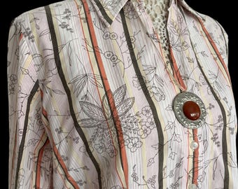 1970s Floral Striped Vintage Blouse - Bohemian Hippy Shirt Size 14