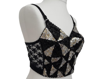 Vintage Black Sequin Bralette Top – 70s Glam Corset Cami Lace Gold Detail- Size 8
