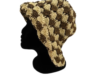 Vintage Womens 1970s Woven Yarn Sunhat: Cream & Brown Boho Festival Hat