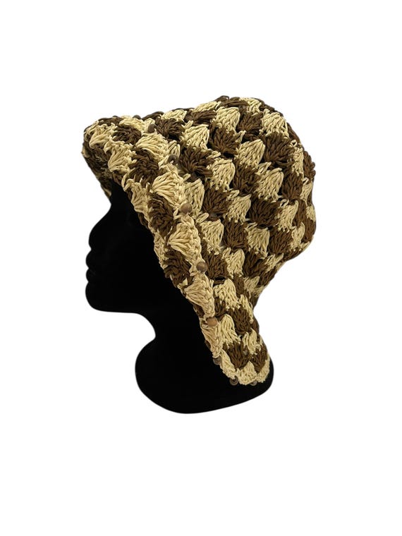 Vintage Womens 1970s Woven Yarn Sunhat: Cream & Brown Boho Festival Hat