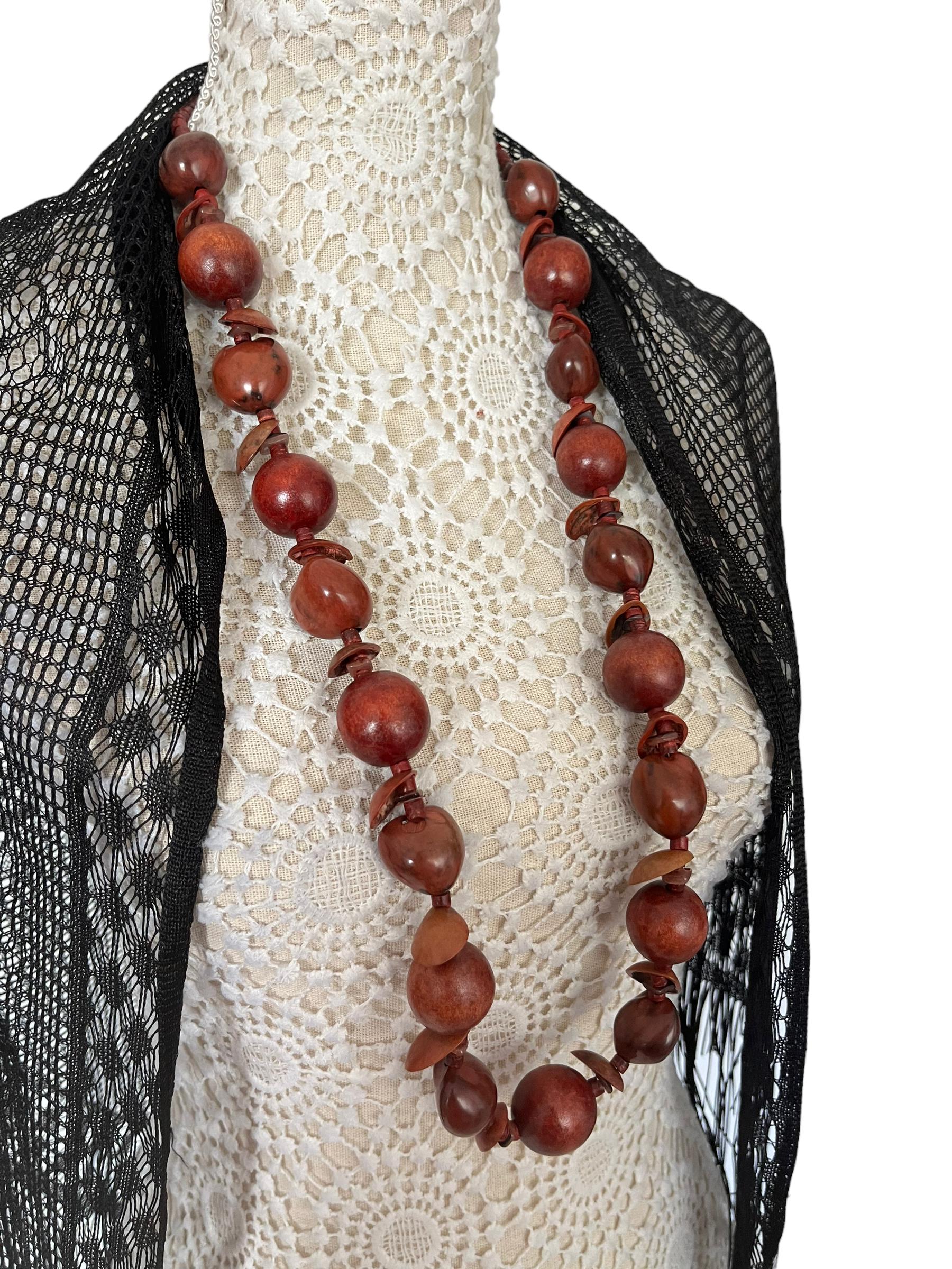 Collier Perles De Bois Vintage Années 70 - Autrichienne - Longueur 122 Cm - Occasion