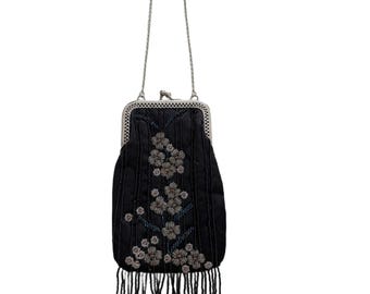 Vintage Black Beaded Tassel Evening Bag – Floral- Embroidered