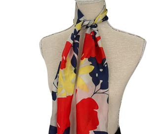 Vintage Womens 1960s Floral Scarf: Red, Blue Yellow, Mod