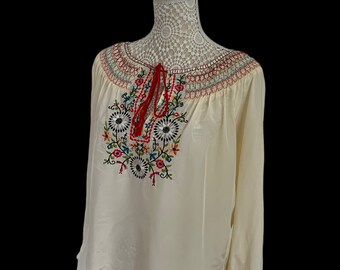 Vintage Womens 1970s 70s Embroidered Cream Boho Blouse Size 14 Retro Folk Mexican Hippy Woodstock Ethnic AfghanPrairie Psychedelic