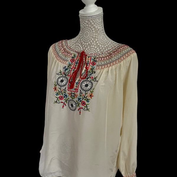 Vintage Womens 1970s 70s Embroidered Cream Boho Blouse Size 14 Retro Folk Mexican Hippy Woodstock Ethnic AfghanPrairie Psychedelic