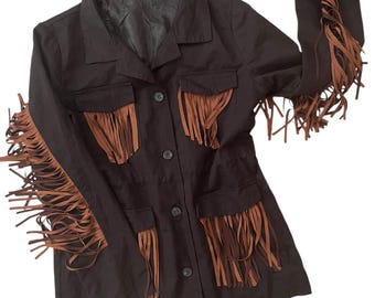 Vintage 90s Fringe Shacket: Black Western Tassel Jacket, Size 14