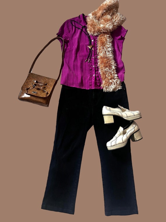 Vintage denim noir texturé à rayures pour femmes, style rétro des