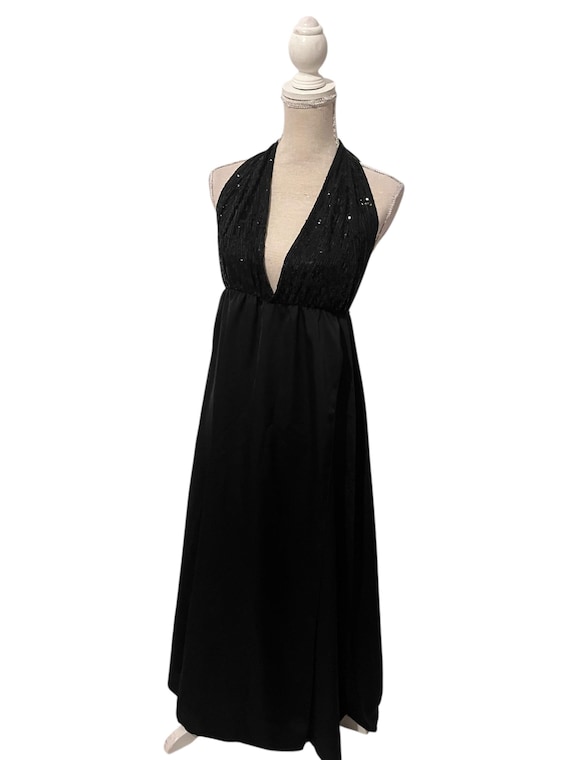 Vintage 70s Black Sequin Halter Maxi Dress – Disco Glamour Party Gown (size 14)