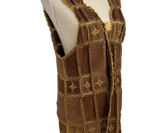 Vintage Womens 1970s Suede Patchwork Waistcoat: Handmade Boho Festival Vest (Size 8-12)
