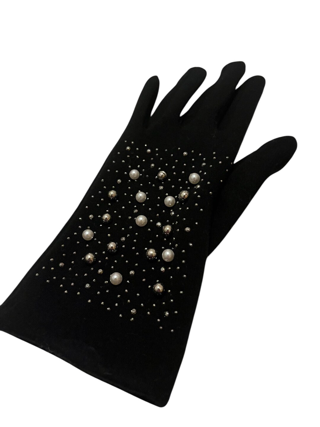 Vintage Womens Black Gloves With Faux Pearl and Beaded Gemstone Winter ...
