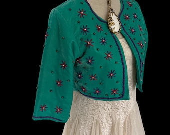 Vintage Velvet Embroidered Jacket: Beaded Floral Bohemian 70s Style