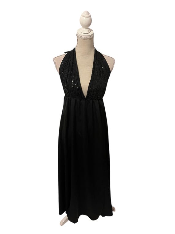 Vintage 70s Sequin Halter Maxi Dress  Black Plunge Gown, Size 14 - Etsy