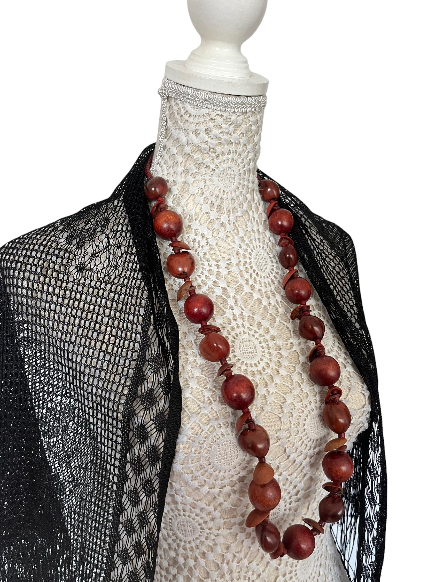 Collier Perles De Bois Vintage Autrichien Années 70 - Longueur 122 Cm, Multicolore, Occasion Bohème