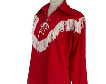 Vintage Womens Red Western Tassle Fringe Blouse White 70s 1970s Size 14 Retro Cowboy Western Wear Festival Collar Shirt Rodeo