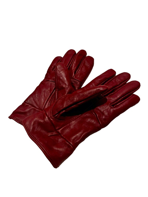 Vintage Womens Red Leather Winter Gloves 70s 1970… - image 1