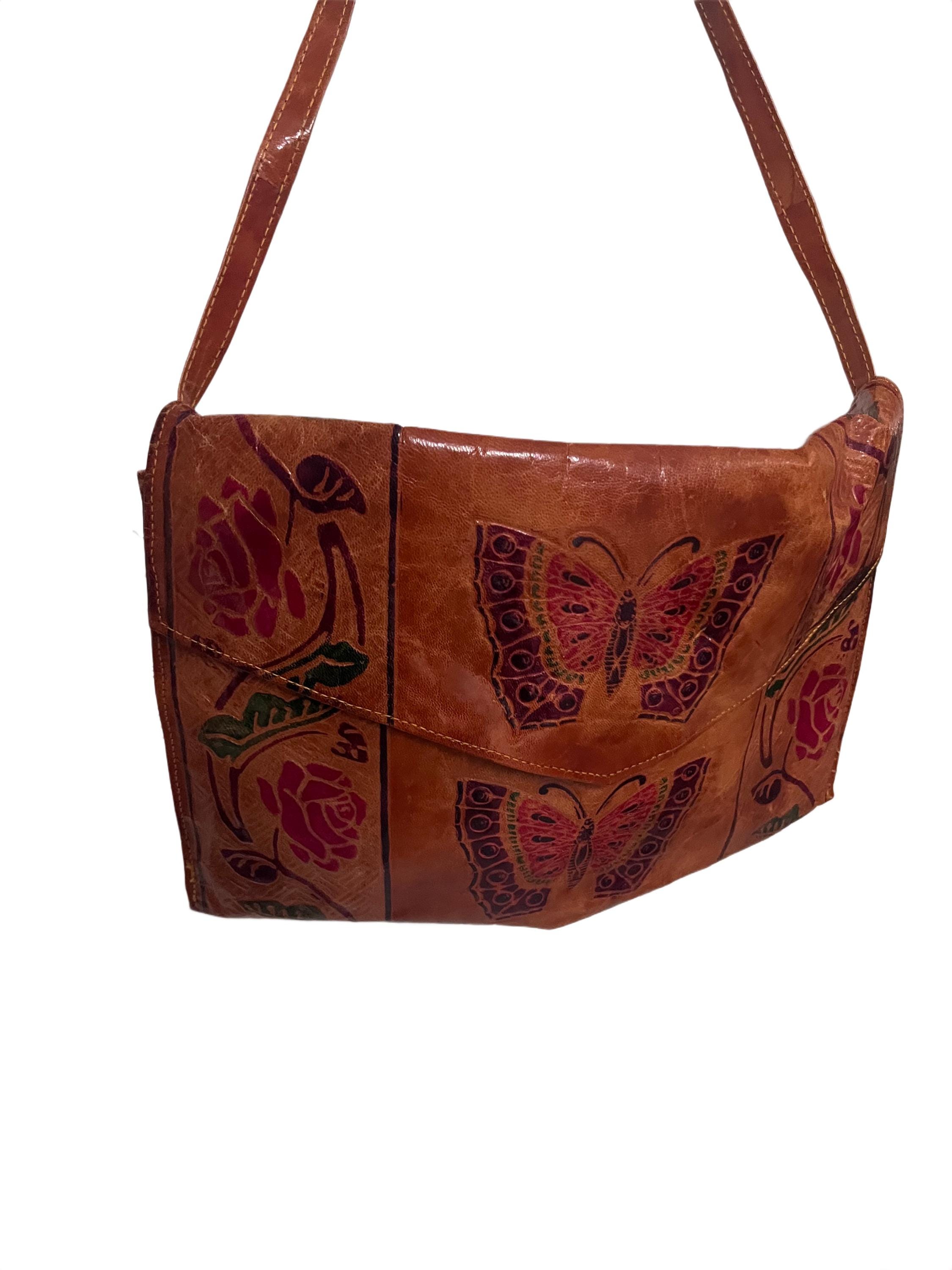 Vintage 70s Style Hand-tooled Leather Butterfly Shoulder Bag 