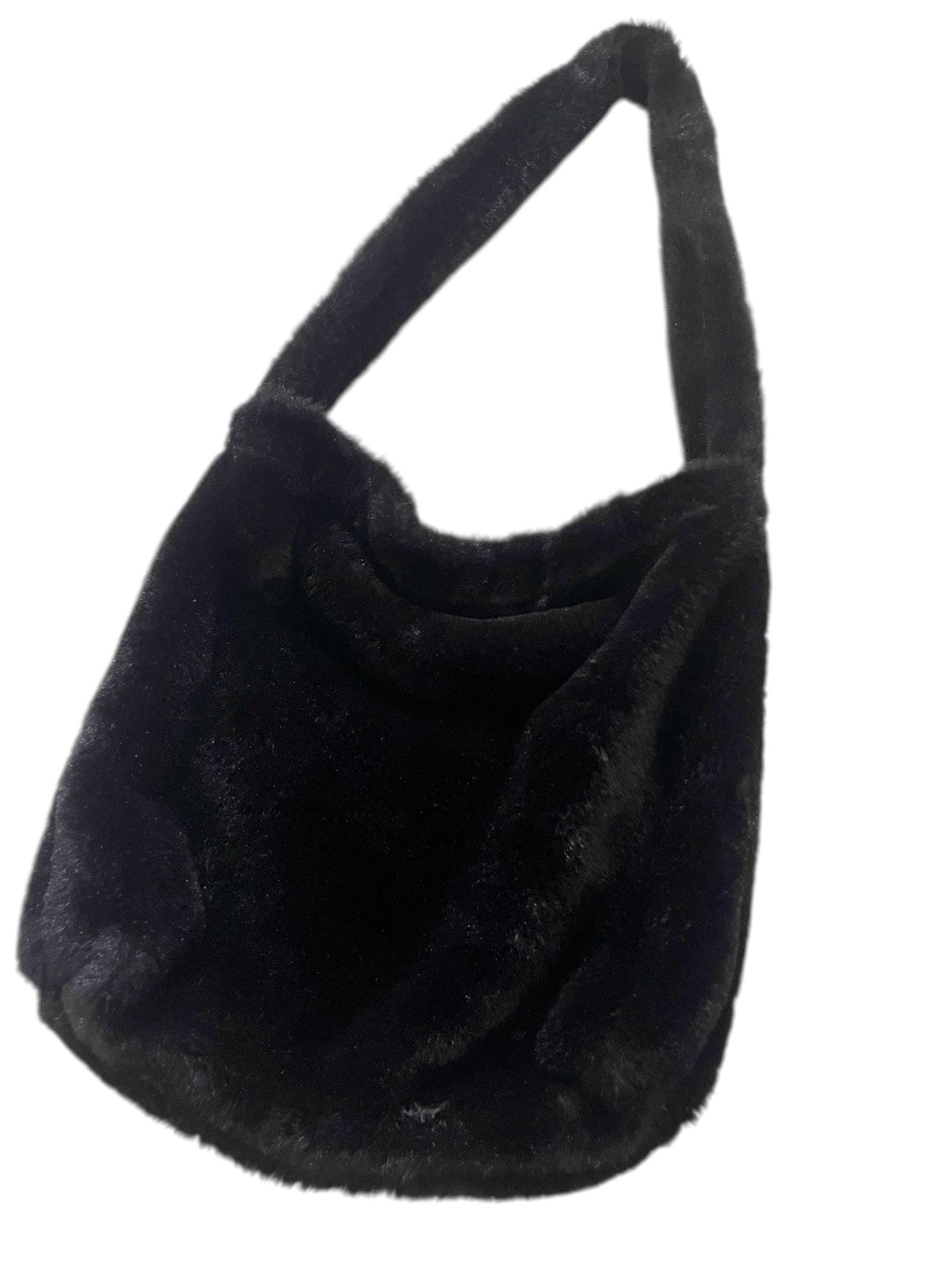 Vintage Womens Black Faux Fur Shoulder Bag, Furry, Retro, Grunge 