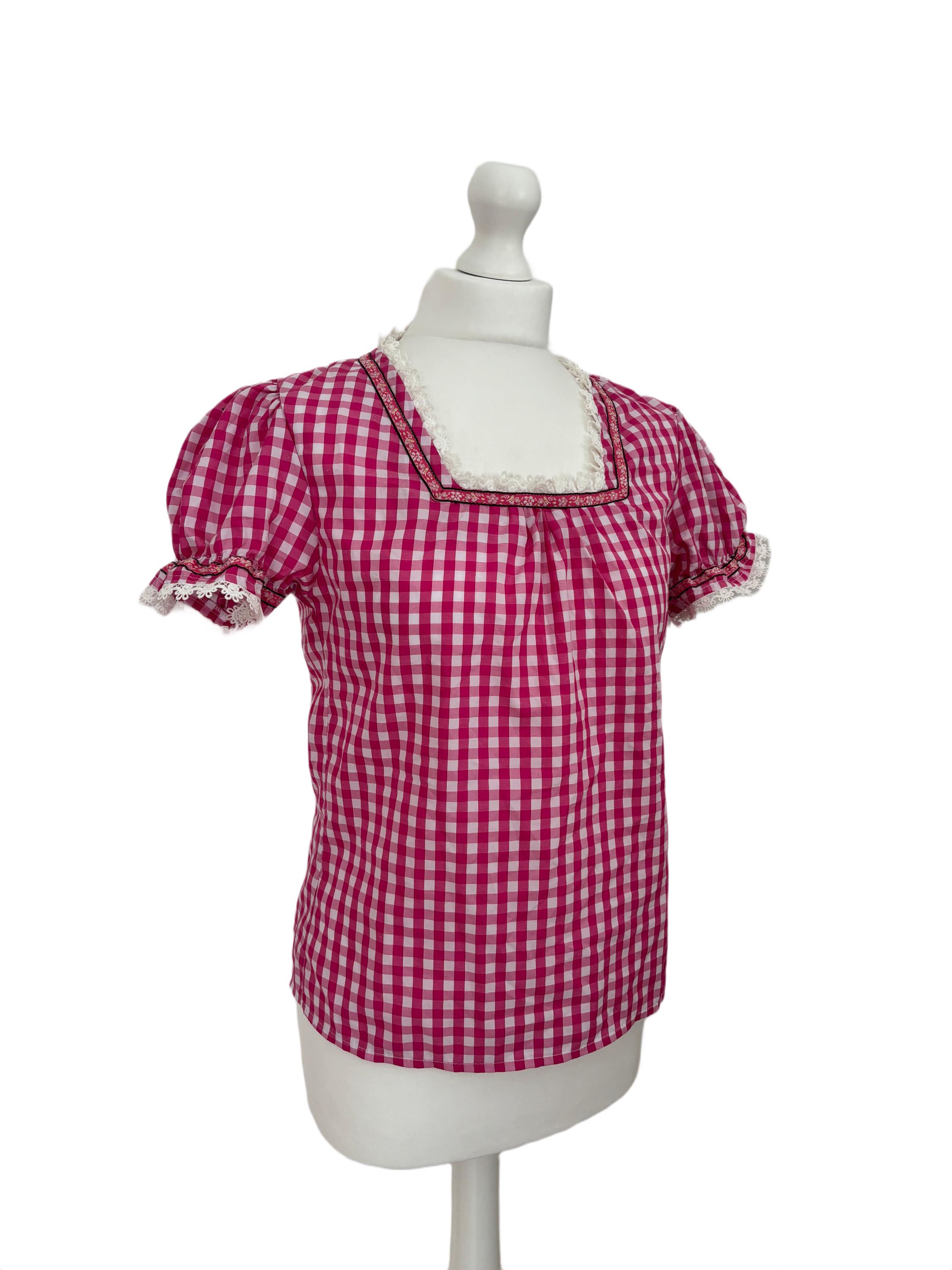 Vintage Pink Gingham Blouse | Cottagecore Lace Trim Puff Sleeve