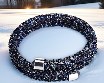 Black and Blue Crystal Dust Double Wrap Cuff Bracelet / Bangle Made with Swarovski Element