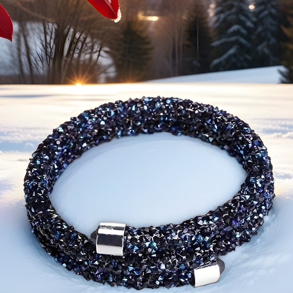 Black and Blue Crystal Dust Double Wrap Cuff Bracelet / Bangle Made with Swarovski Element