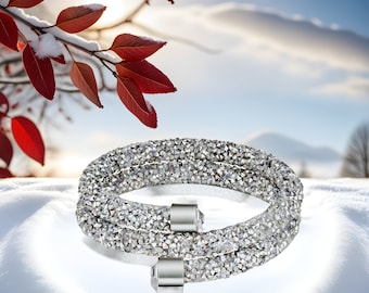 Crystal Dust Bracelet: Double Wrap Bangle in Silver Made with Swarovski Elements, A Chic Accessory, Great Birthday Gift