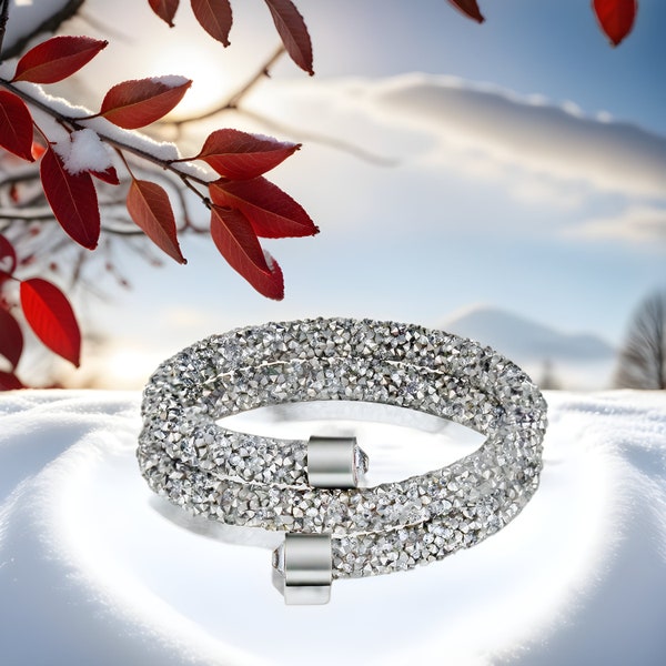 Crystal Dust Bracelet: Double Wrap Bangle in Silver Made with Swarovski Elements, A Chic Accessory, Great Birthday Gift