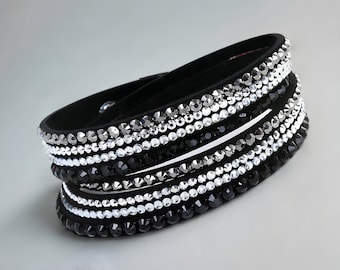 Black Double Wrap Slake Bracelet Made with Swarovski Elements on Faux Leather