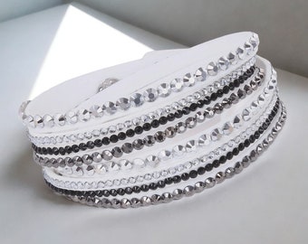White Double Wrap Slake Bracelet Made with Swarovski Elements on Faux Leather