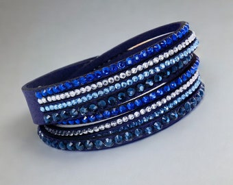 Blue Double Wrap Slake Bracelet Made with Swarovski Elements on Faux Leather