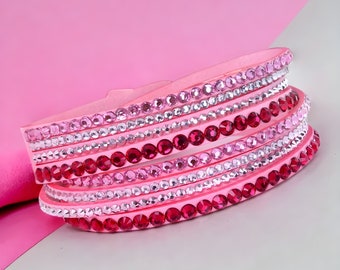 Double Wrap Pink Slake Bracelet Made with Swarovski Elements on Faux Leather - The Perfect Gift