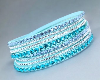 Light Blue Double Wrap Slake Bracelet Made with Swarovski Elements on Faux Leather
