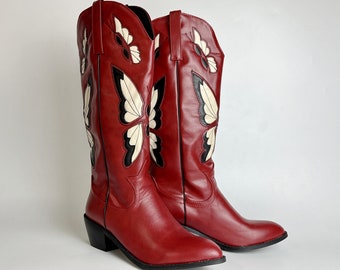 Red Cowboy Boots, Butterfly Embroidered Cowgirl Boots, Vintage Cowboy Boots Woman, Western Boots, Nashville Party Boots, Premium PU Leather