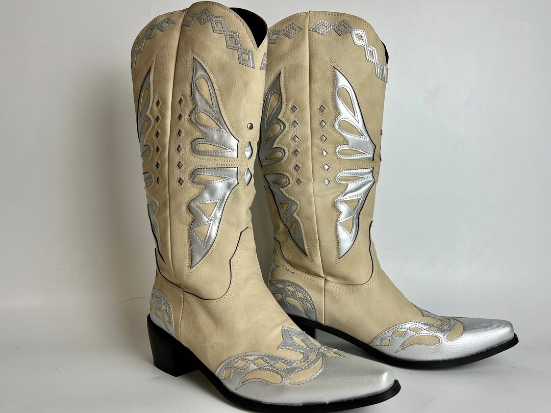 Beige Butterfly Cowboy Boots Embroidered Cowgirl Boots Etsy