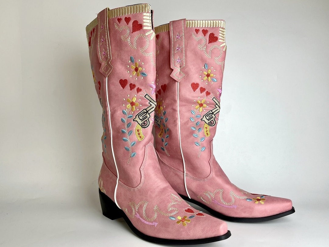 Pink Cowboy Boots Pistol Embroidered Cowgirl Boots Vintage Etsy