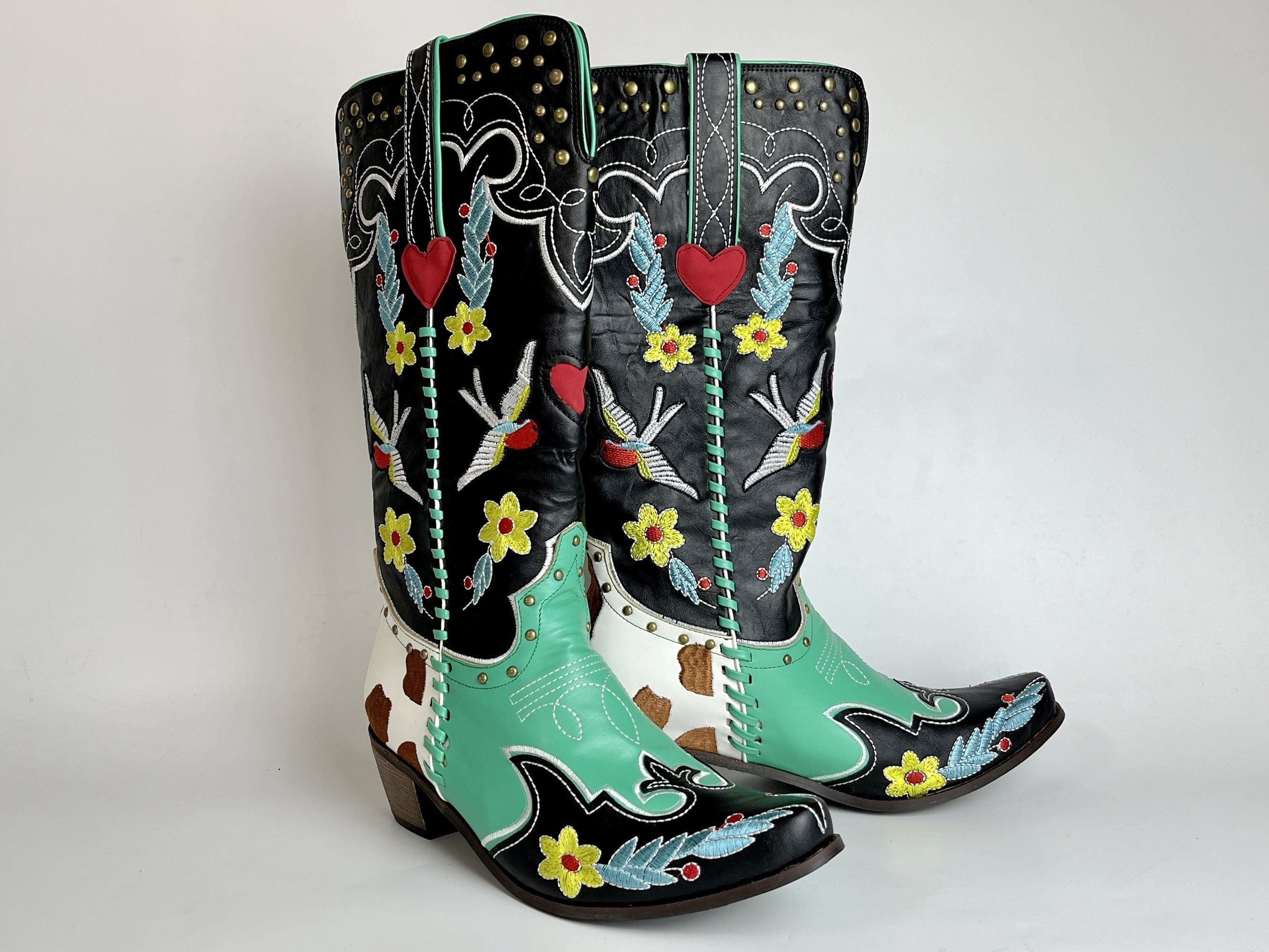 Emotie slang Bijdrage Flower Cowboy Boots Embroidered Heart Cowgirl Boots Vintage - Etsy