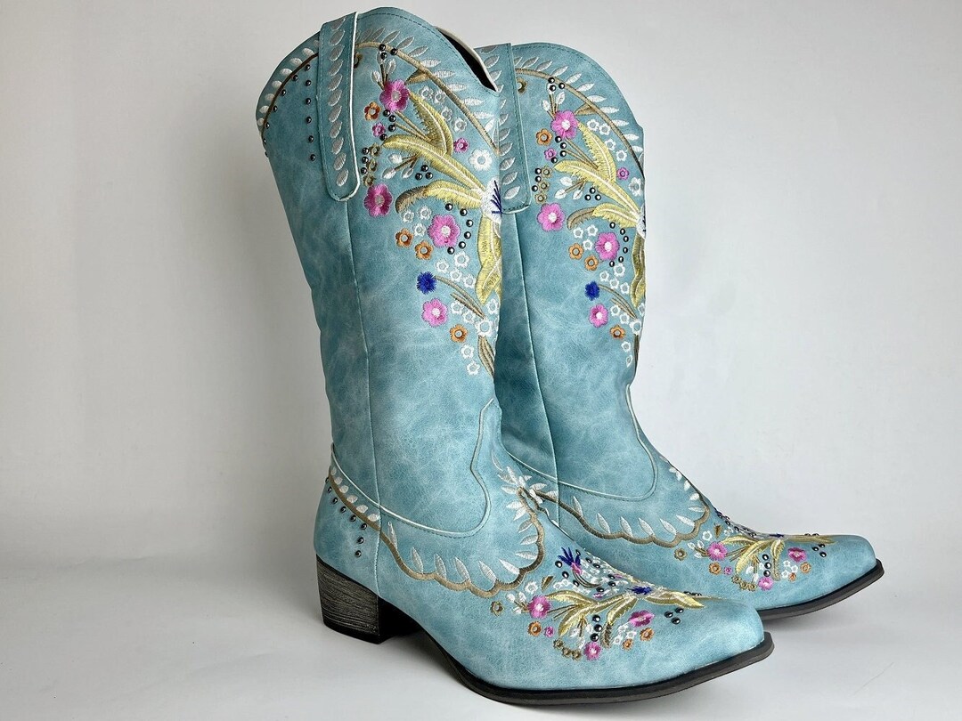 Women Embroiderd Cowboy Boots Green Cowgirl Boots Premium PU Etsy