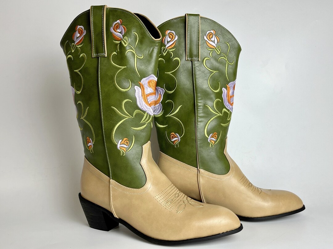 Green Cowboy Boots Embroidered Cowgirl Boots Leather Boots Etsy