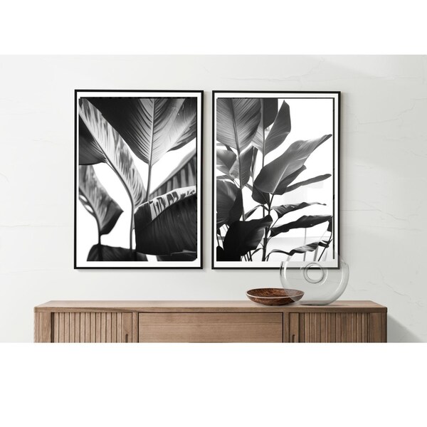 Black and White Prints, Banana Leaves Print, Set Of 2 Modern home living room office, and Wall Art, Botanical Art, Poster Print, Leaf Print