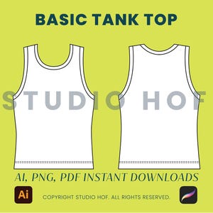 May include: A line drawing of a basic tank top, showing the front and back views. The tank top is sleeveless and has a scoop neck.