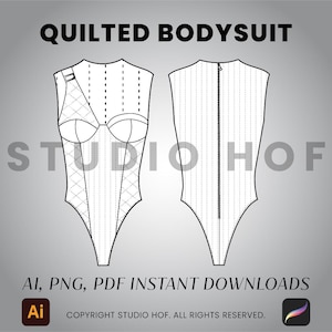 QUILTED BODYSUIT - Illustrator and Procreate .ai, .png and .pdf Fashion cad, Fashion Flat Sketch, Fashion Mockup